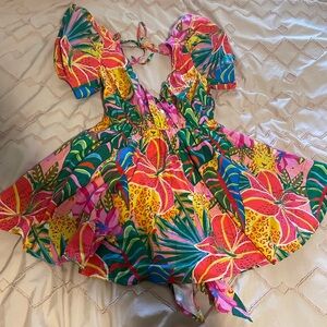 Farm rio inspired tropical puff sleeve mini dress